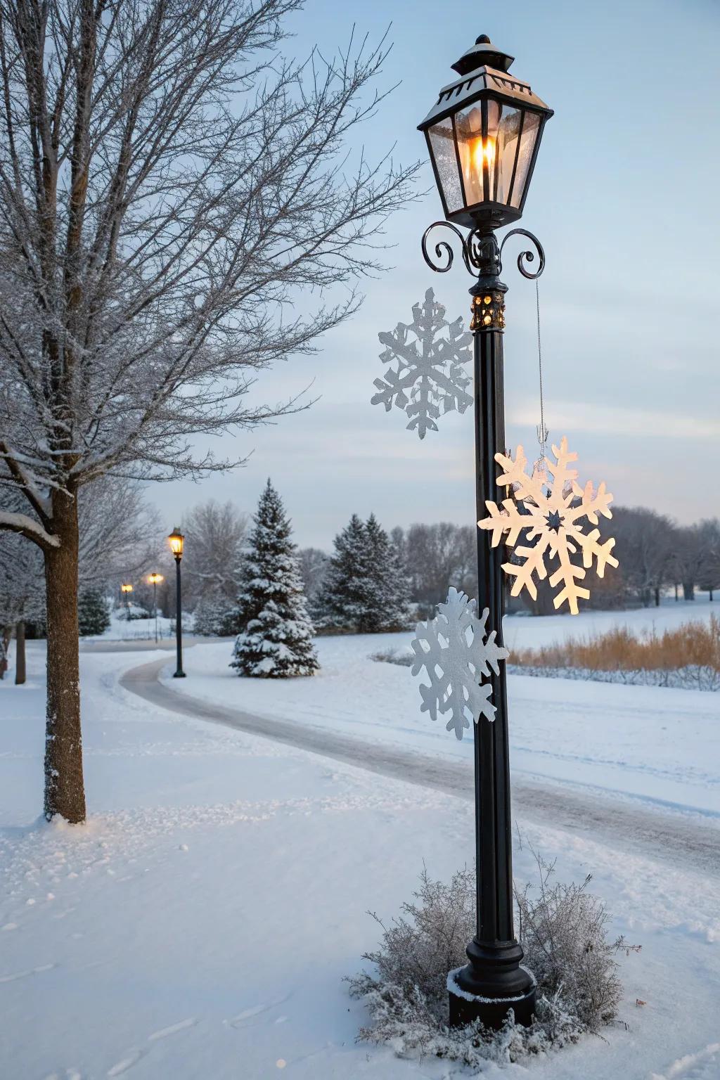 Large snowflake decorations on a lamp post.