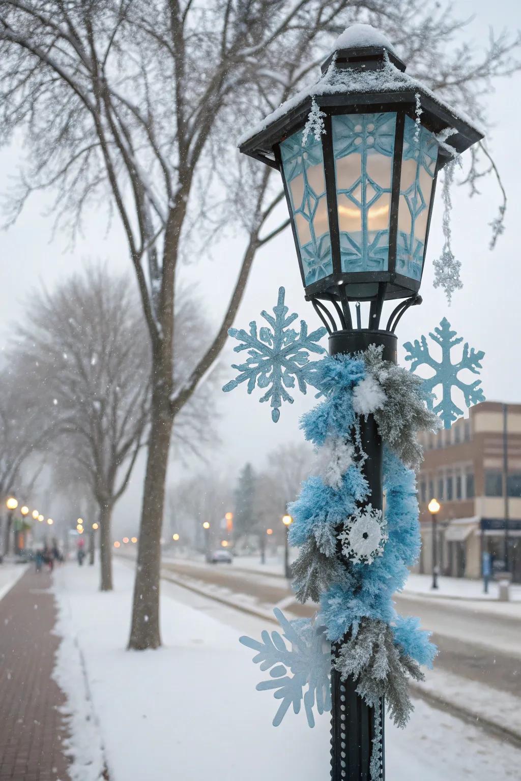 A lamp post decorated with a themed holiday setup.
