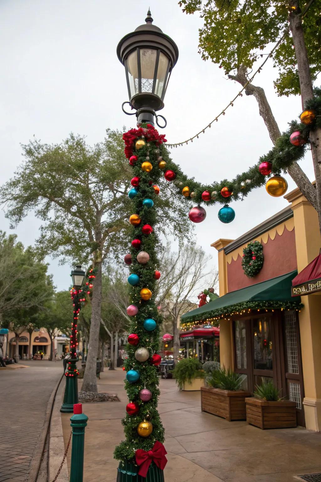 Colorful ornaments hanging from a decorated lamp post.