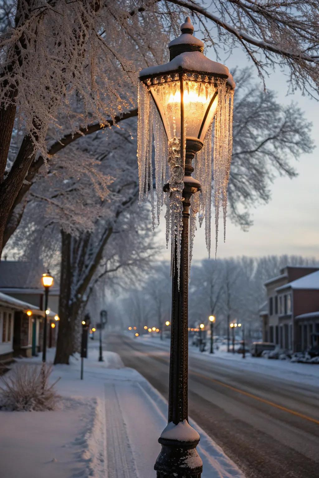 Sparkling icicle decorations on a lamp post.