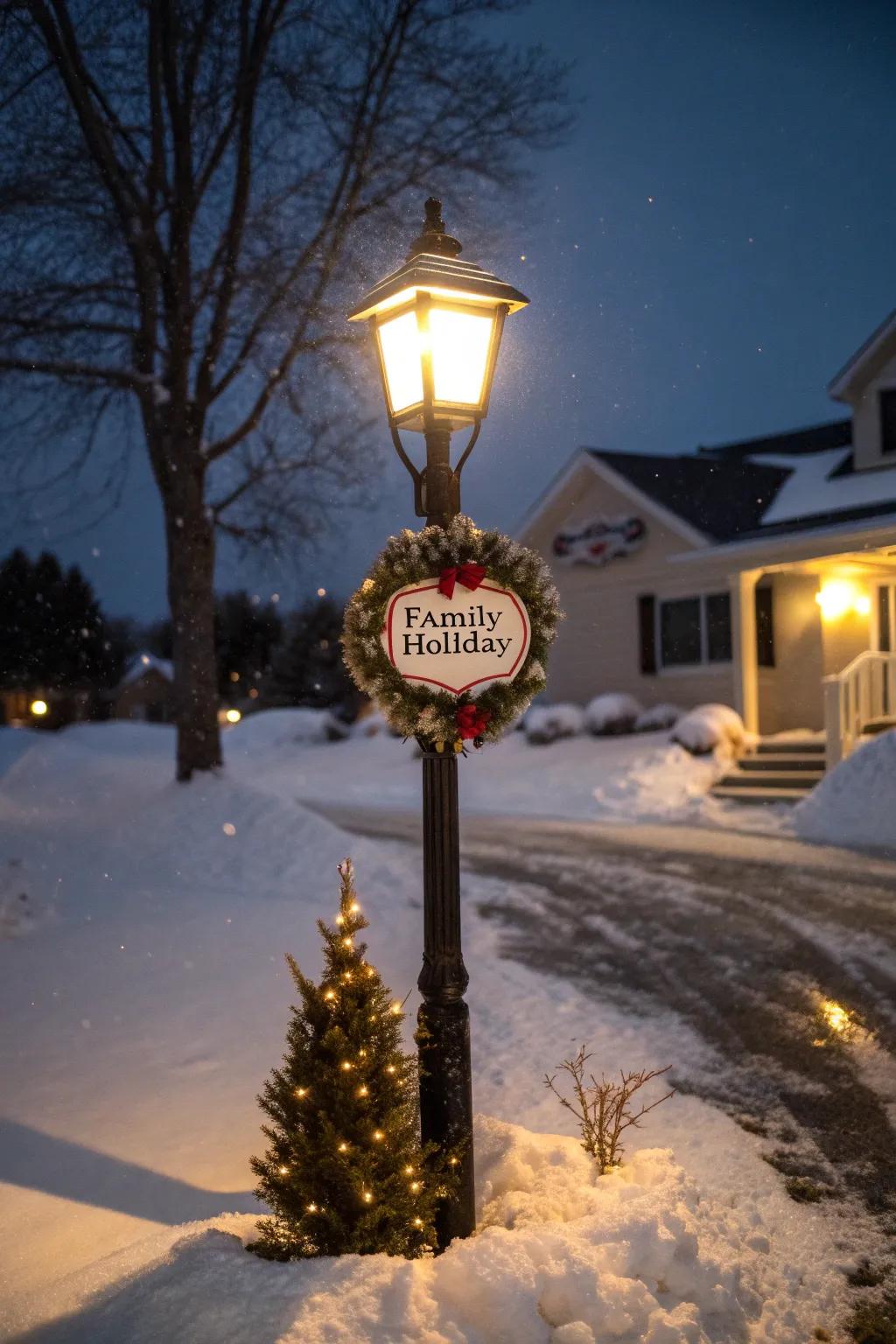 Custom family sign spreading holiday cheer on a lamp post.
