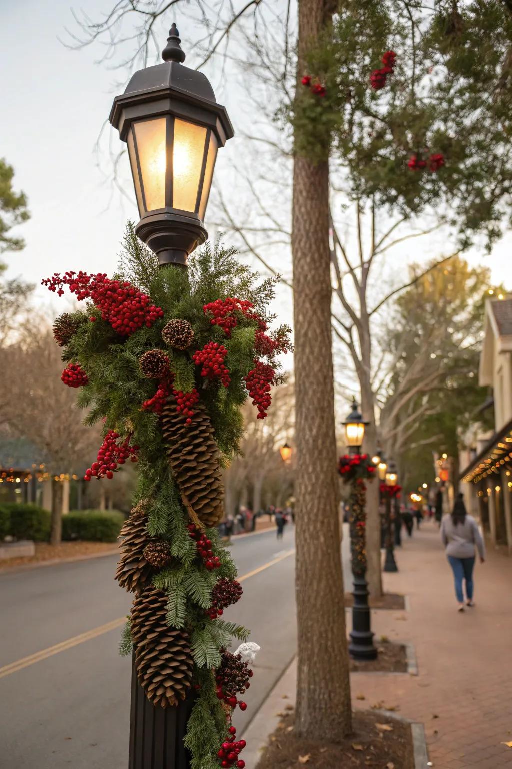 Festive floral sprigs enhancing a lamp post decoration.
