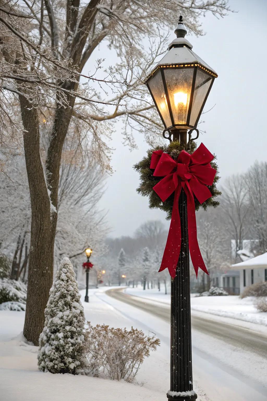 A large red bow adding festive elegance to a lamp post.