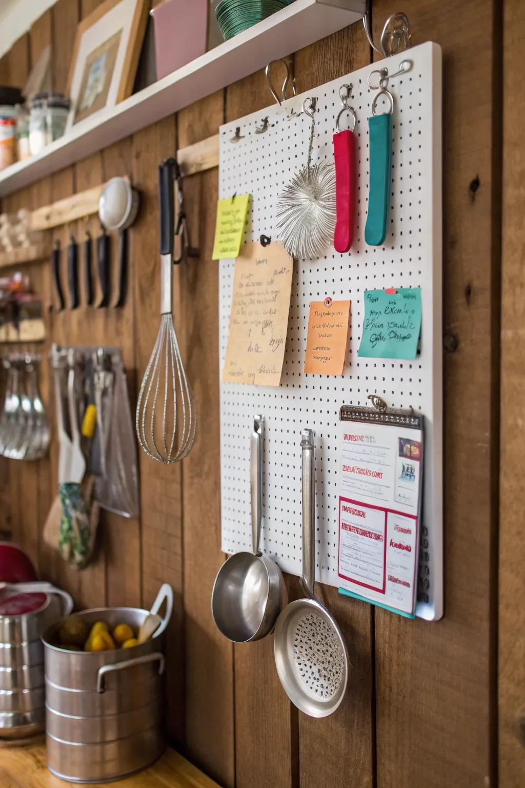 Pegboard offers flexible storage for kitchen tools.