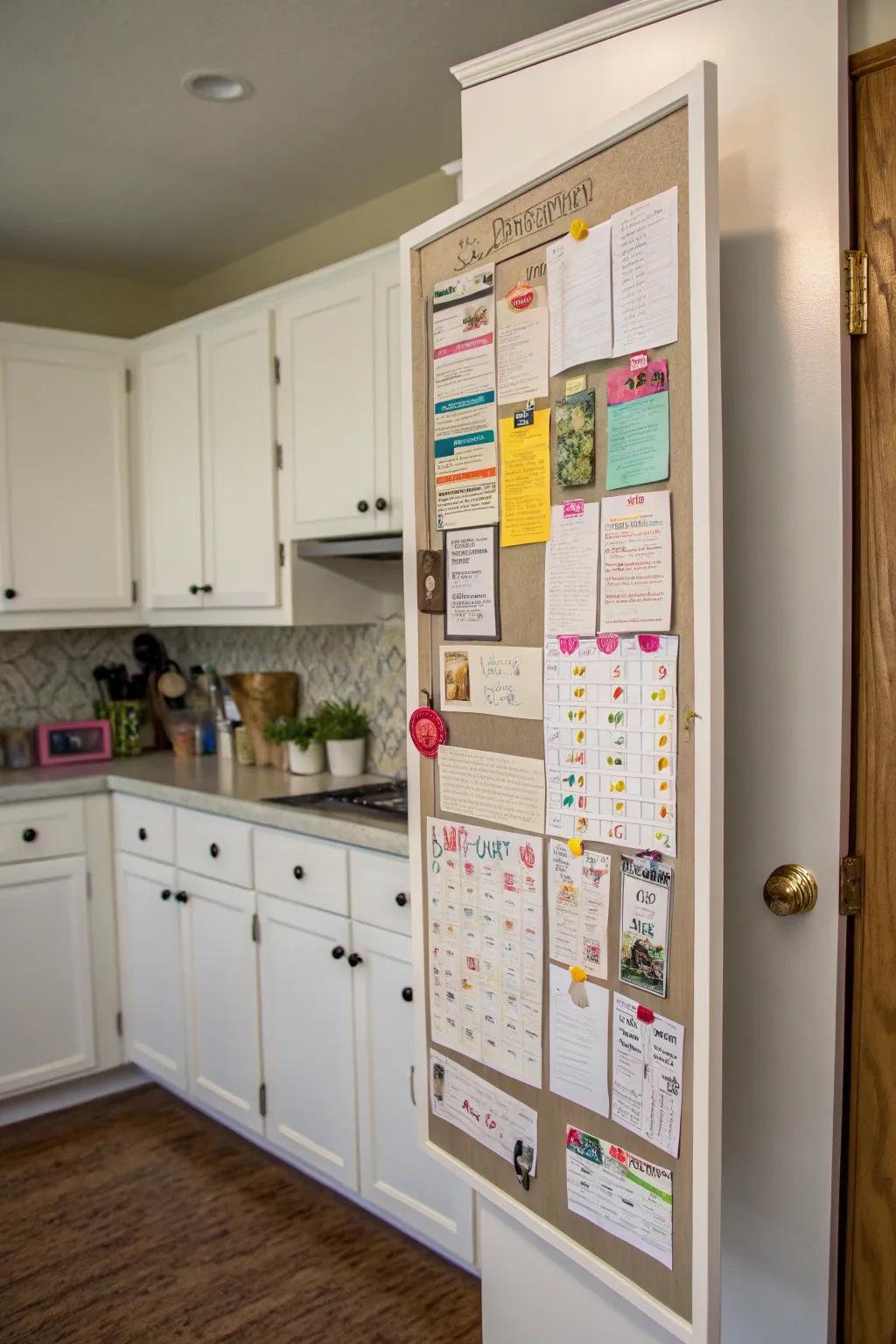 Concealed message board behind kitchen cabinet door.