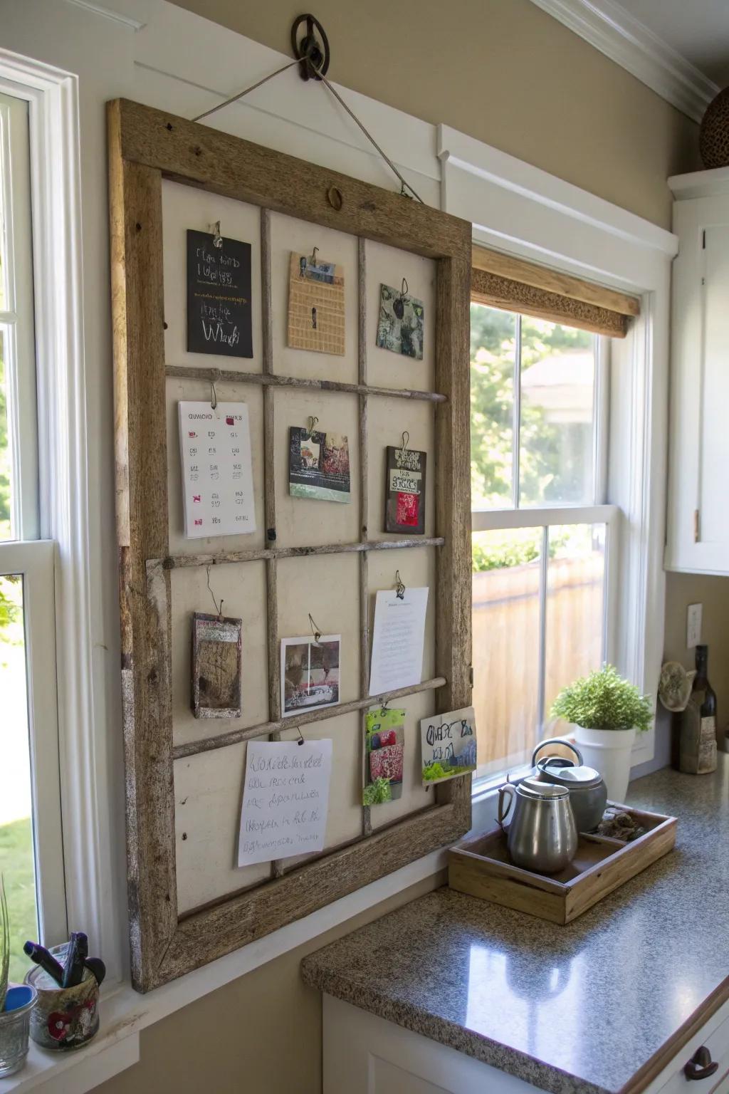 Repurposed vintage window frame as a message board.