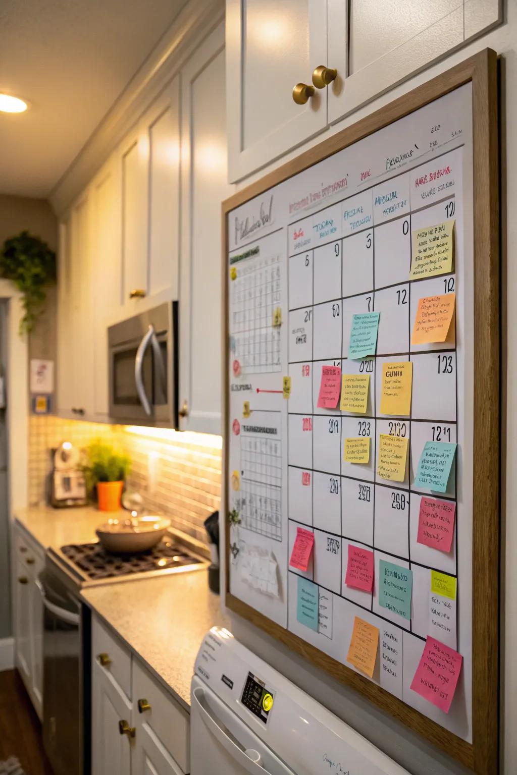 Calendar planner integrated into kitchen message board.