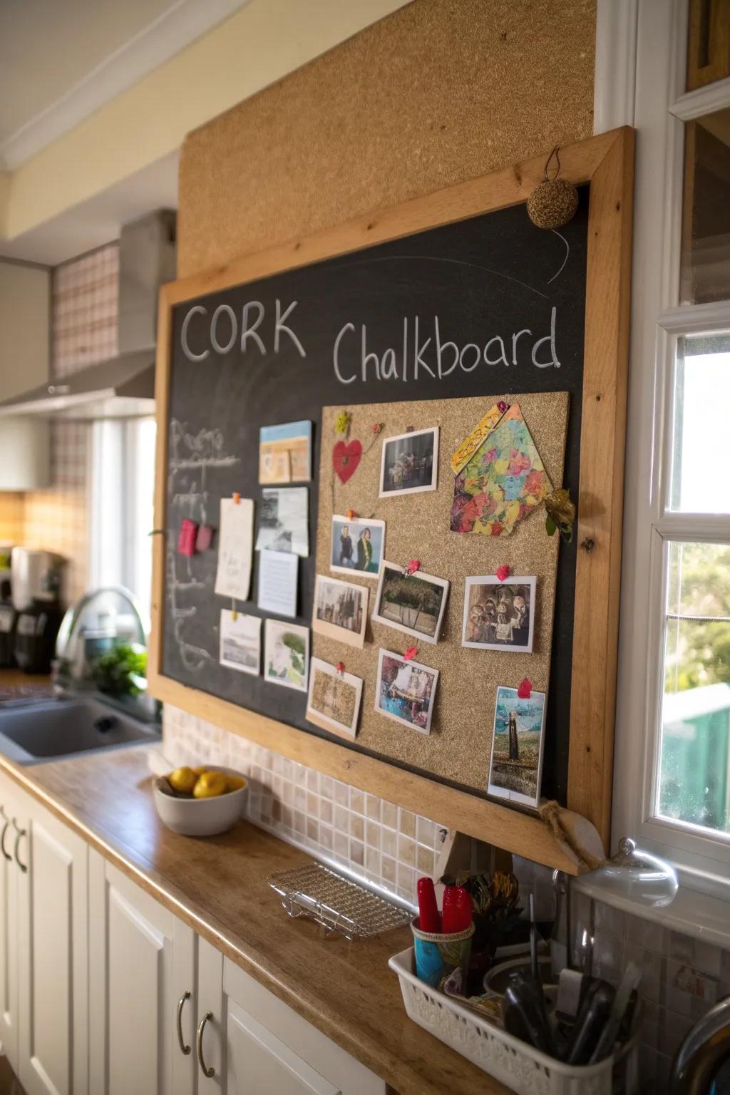 Combination cork and chalkboard for versatile messaging.