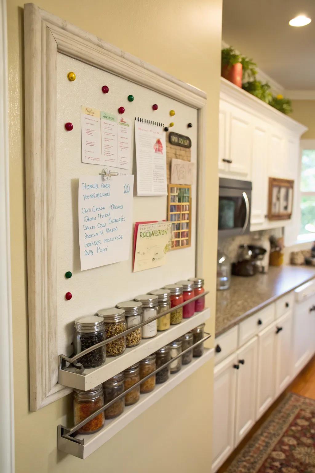 Magnetic herb rack attached to kitchen message board.