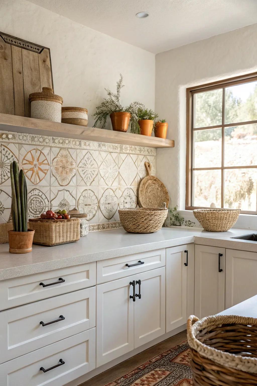 Minimalist tiles with subtle Southwestern accents create a refined look.