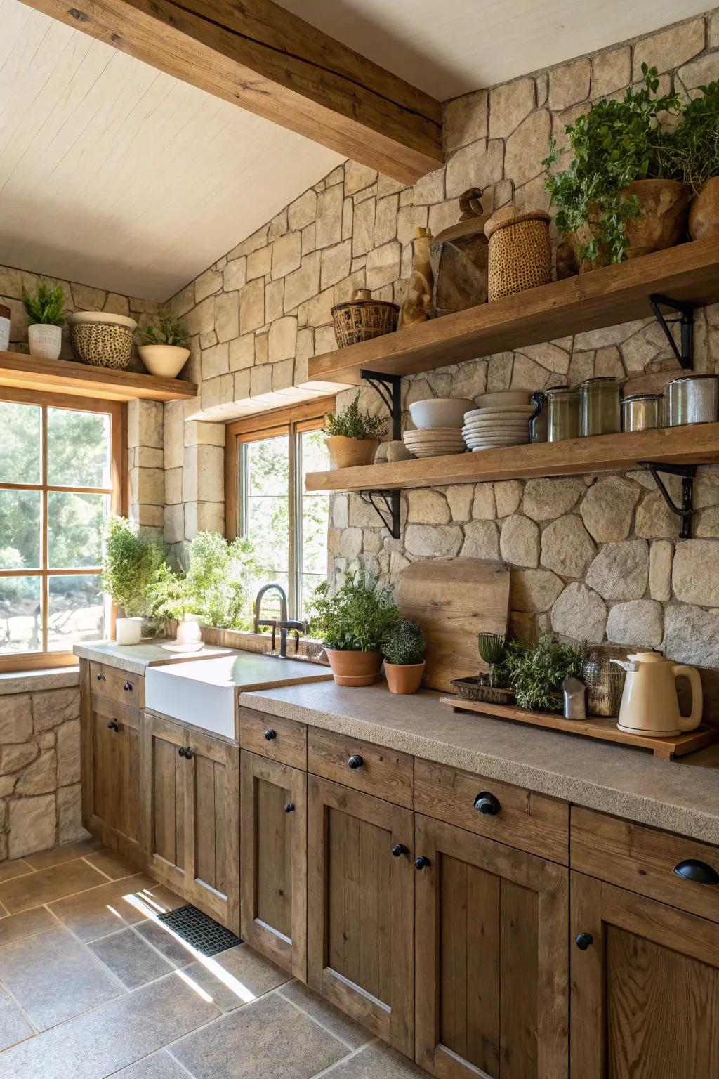 Combining stone and wood creates a warm, earthy kitchen atmosphere.