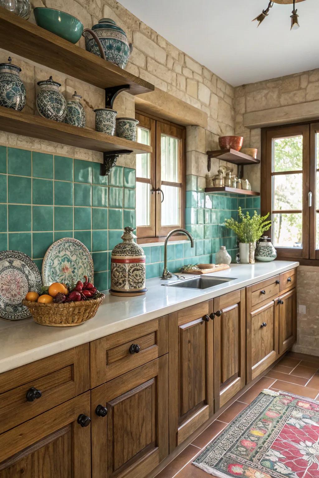 Blue gemstone tiles add a luxurious and lively touch to your kitchen.