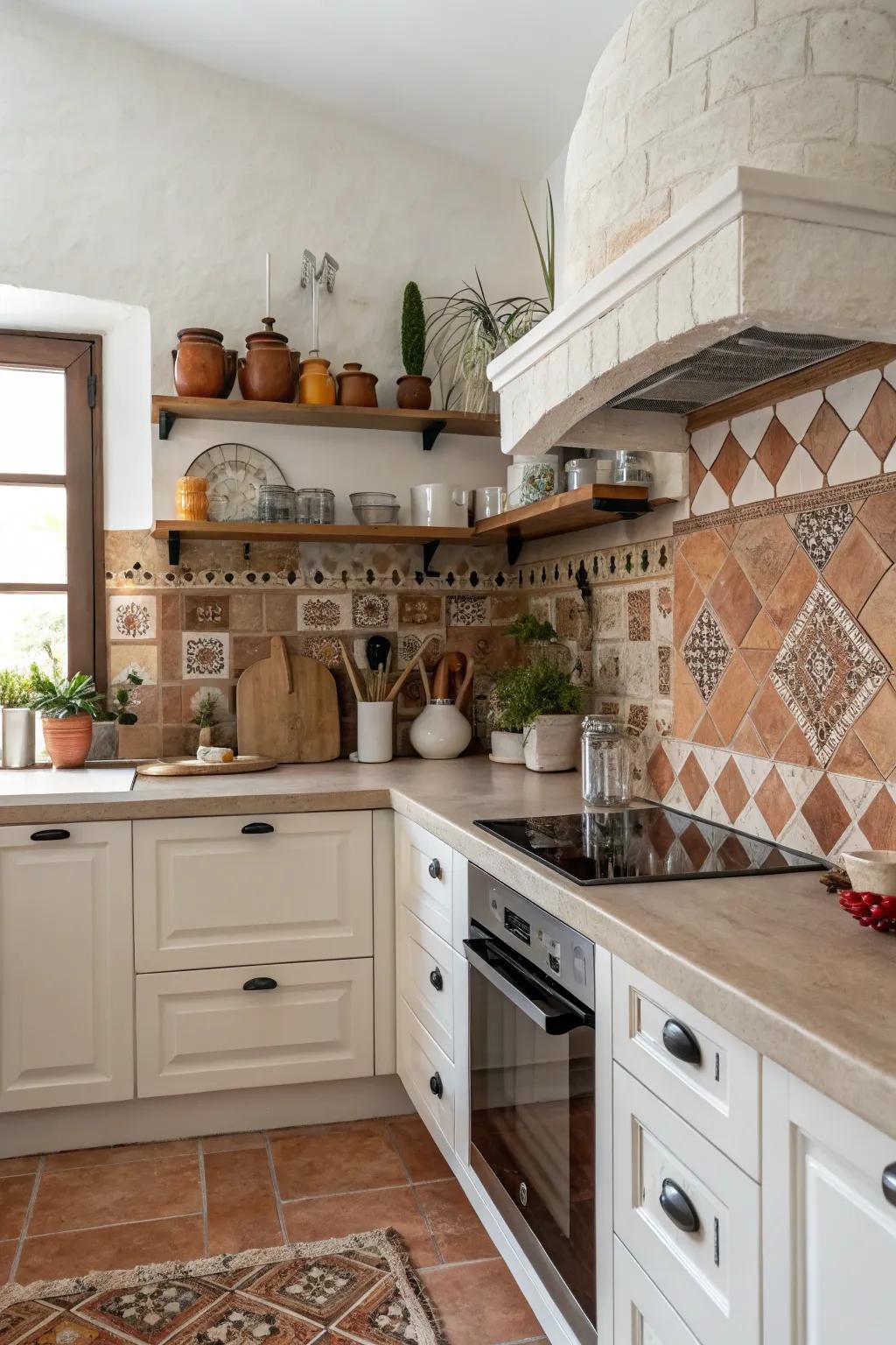 Earthy and fired clay tiles create a rich, textured backsplash.