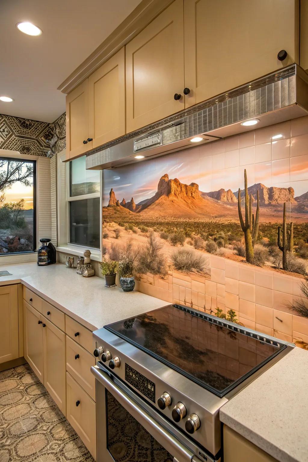 A desert landscape mural creates a stunning backsplash centerpiece.