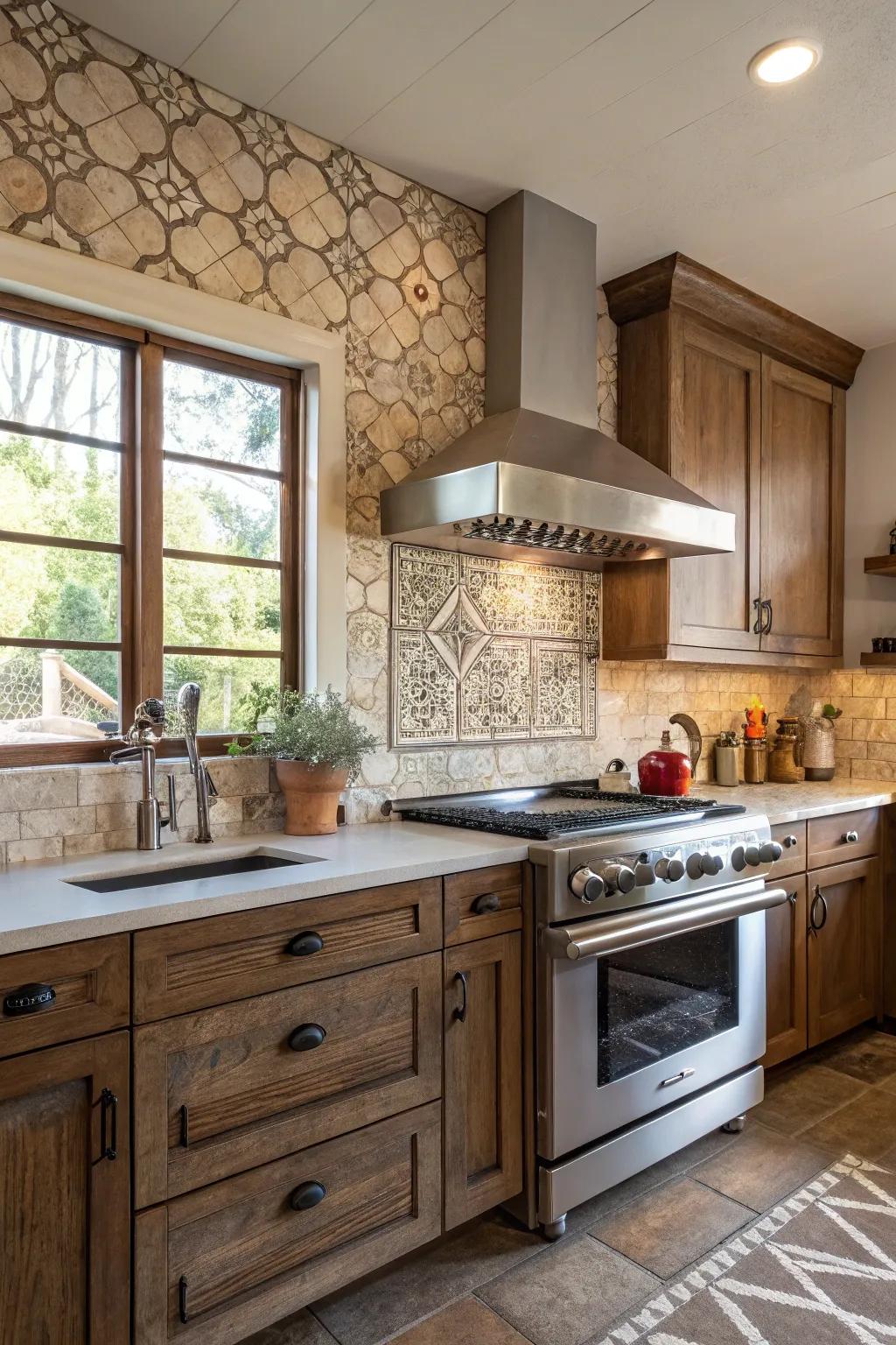 Rustic backsplash paired with sleek modern kitchen elements.