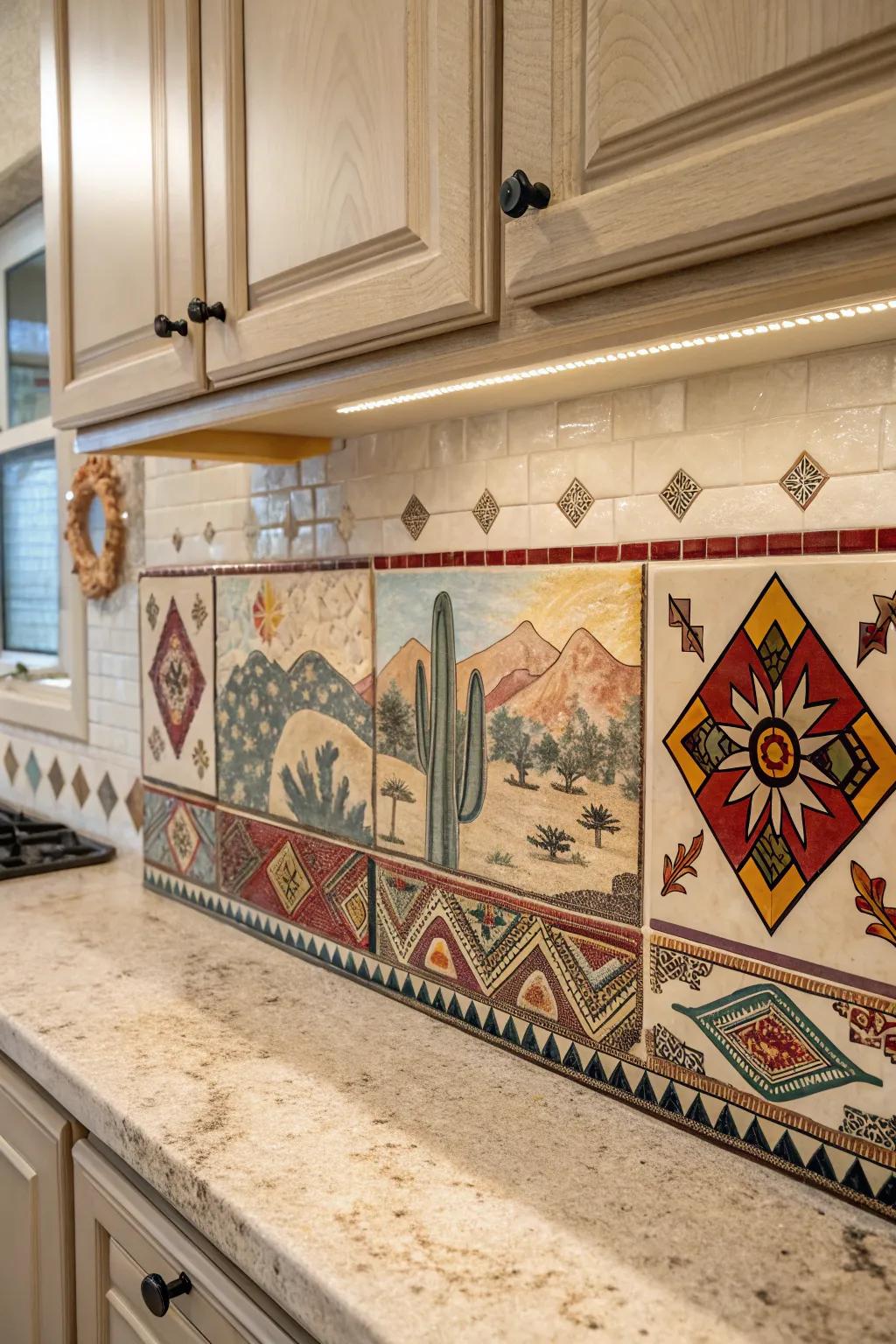 Decorative tile inserts featuring Southwestern cultural symbols.