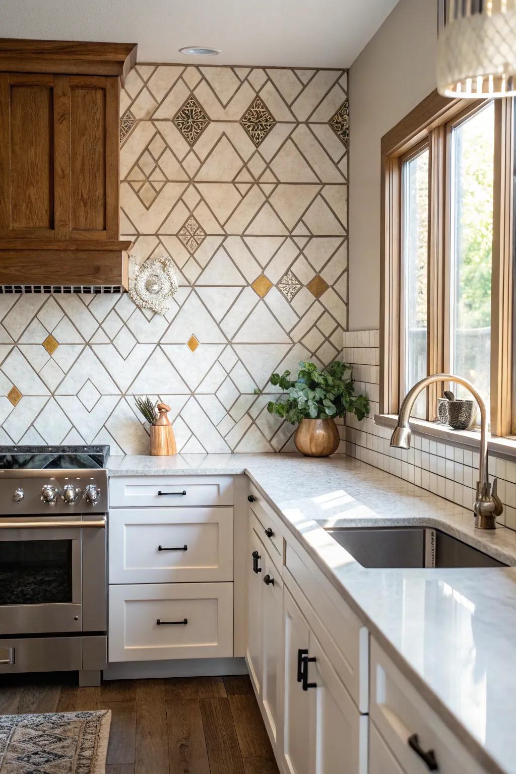 Rhomboid tiles add a sophisticated geometric touch to your backsplash.
