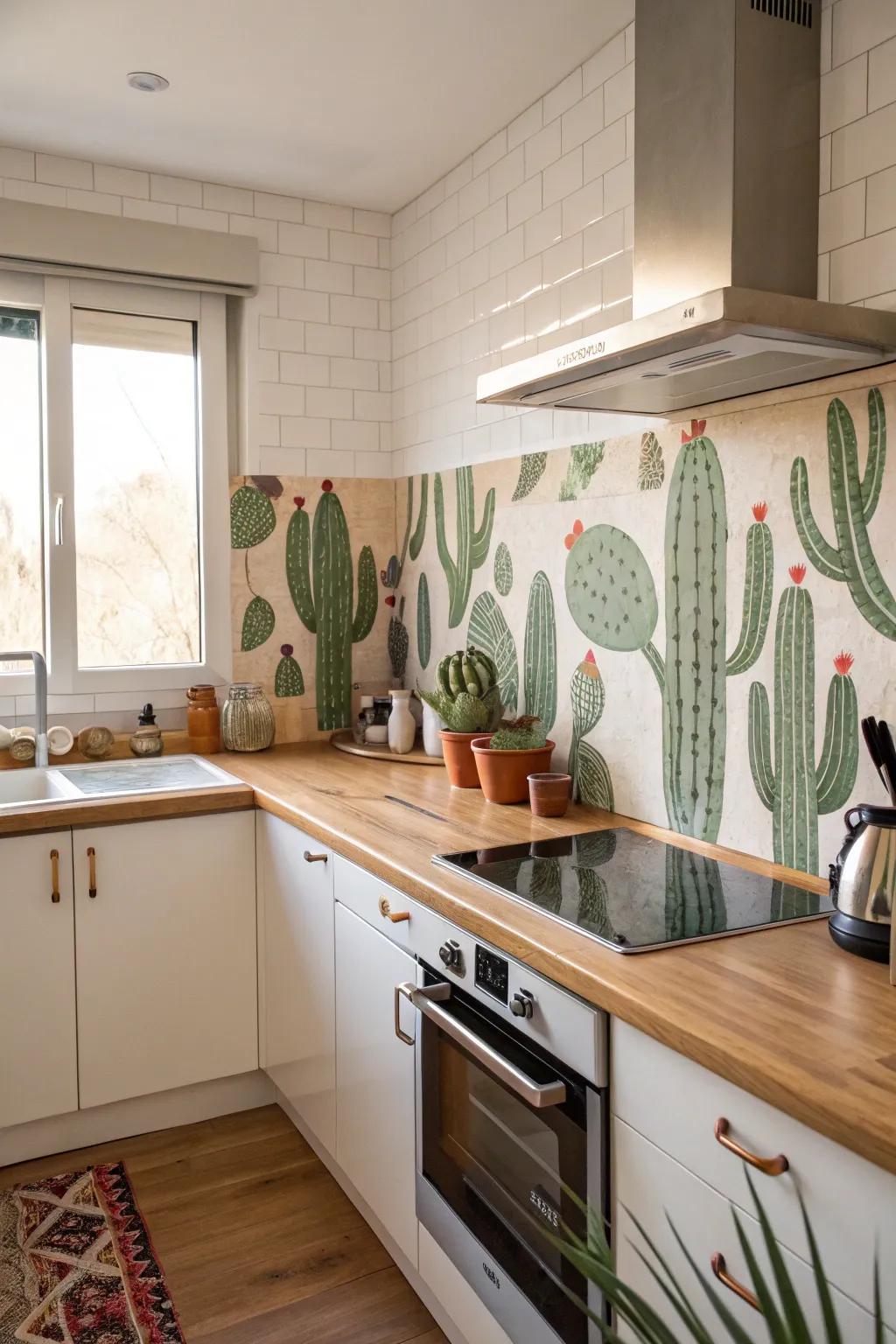 Spiny plant-shaped tiles add a whimsical touch to your kitchen backsplash.