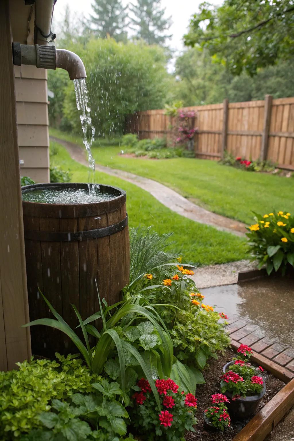 Rainwater collection barrels conserve water and nurture plants.