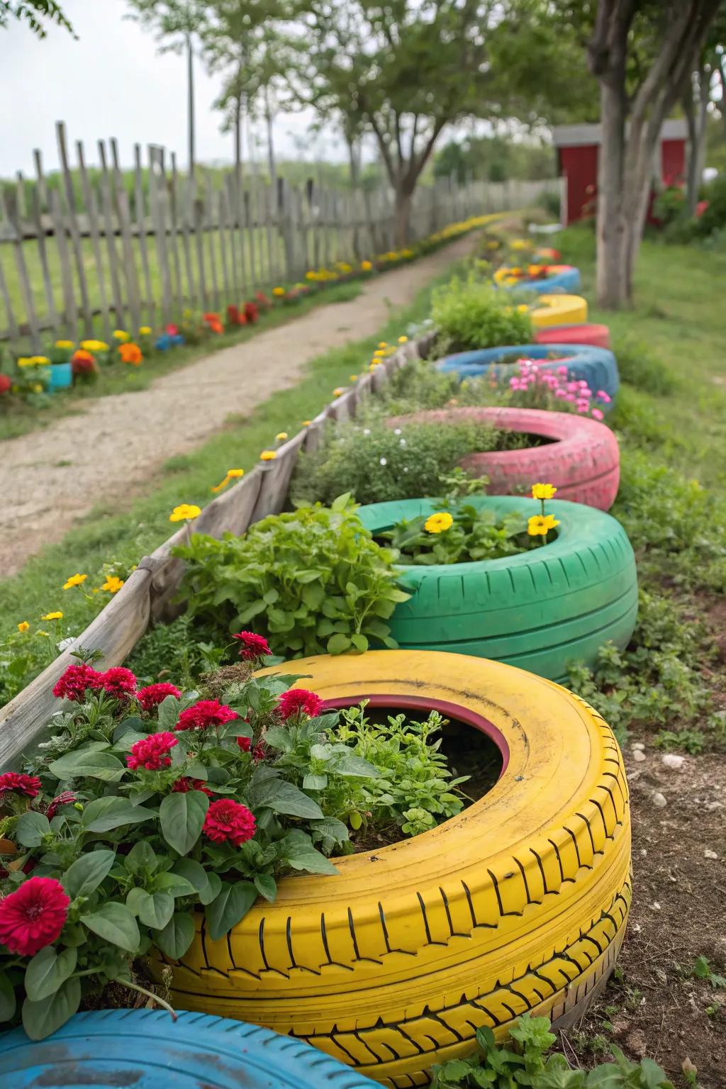 Colorful planters made from repurposed tires add charm and sustainability.