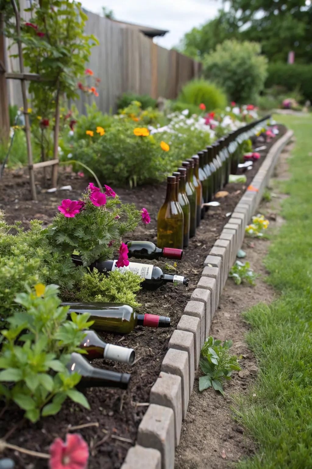 Wine bottles used as colorful and creative garden borders.
