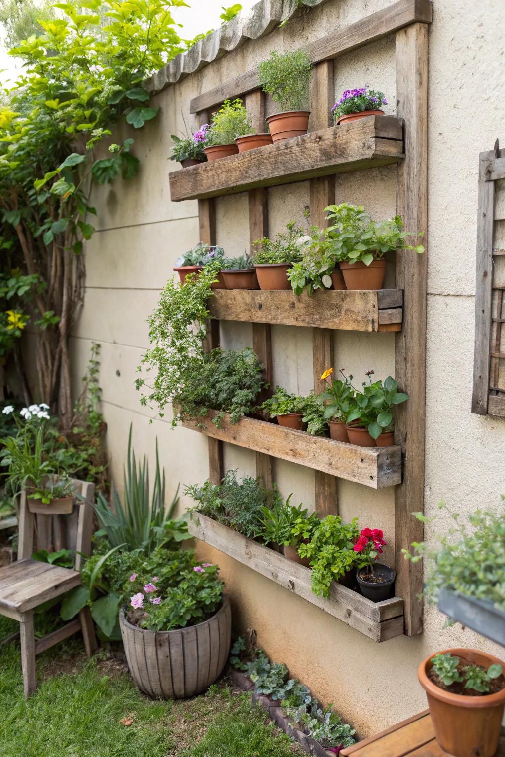 Vertical wooden shelves optimize space and add dimension to your garden.
