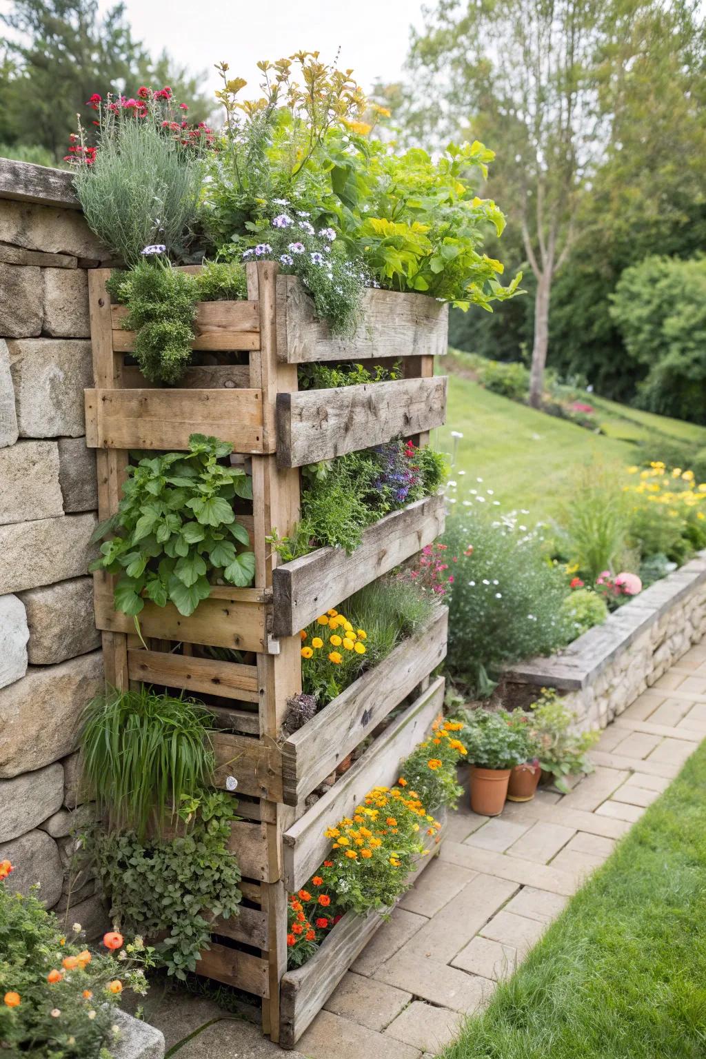 A vertical garden made from repurposed wooden pallets.