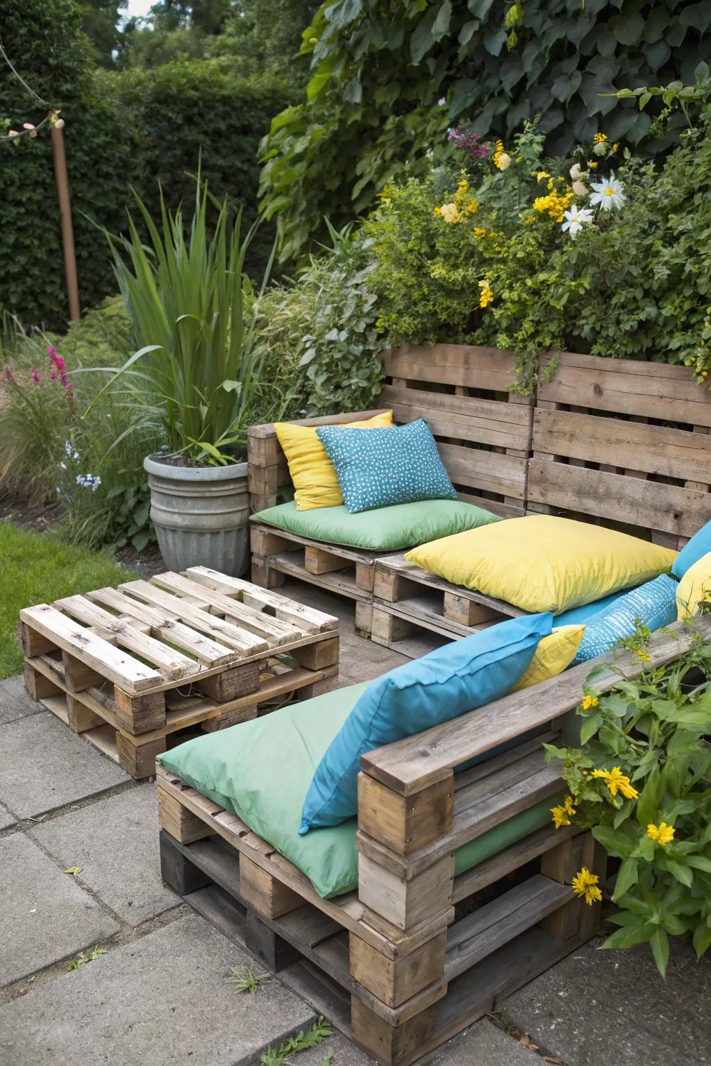 DIY pallet seating offers affordable comfort and style outdoors.
