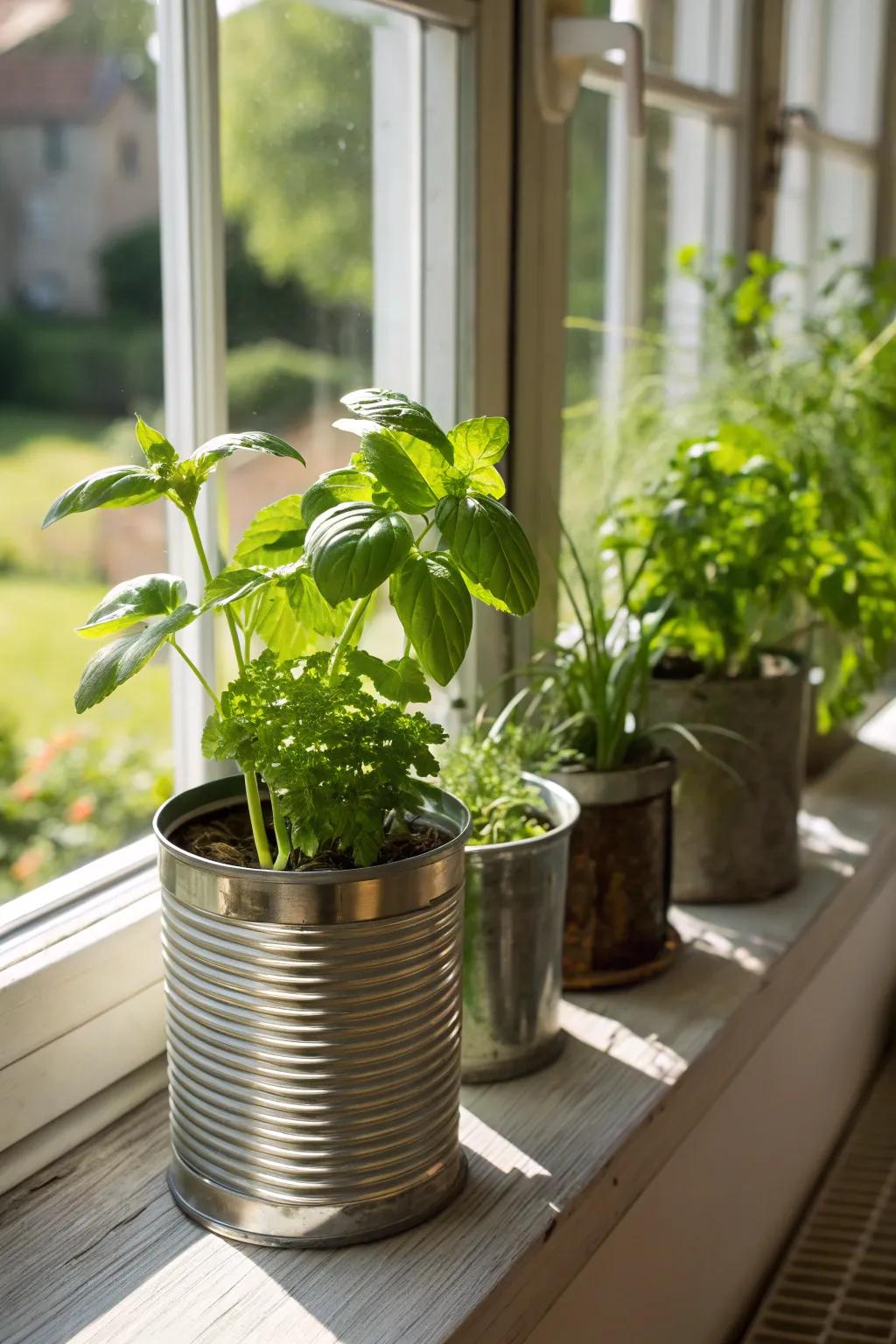 Charming herb planters made from repurposed jars and tins.