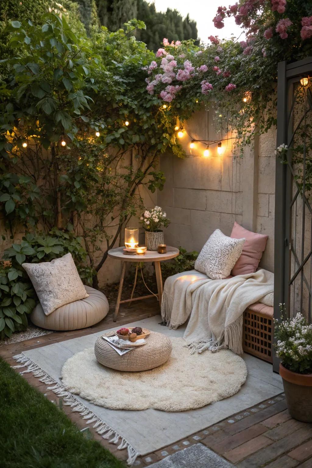 A snug outdoor nook creates a peaceful garden escape.