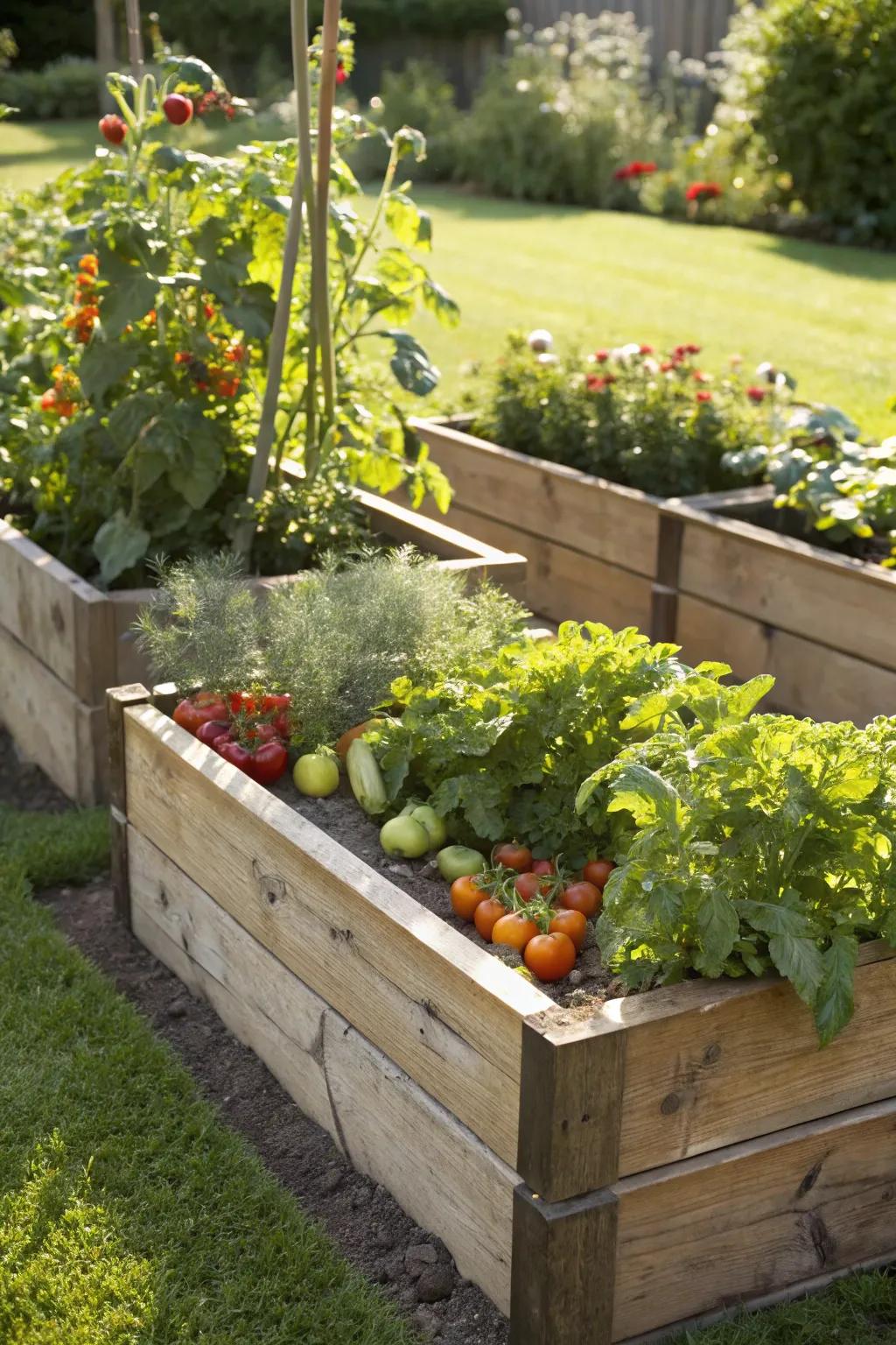 Raised beds made from reclaimed wood provide efficient vegetable gardening.