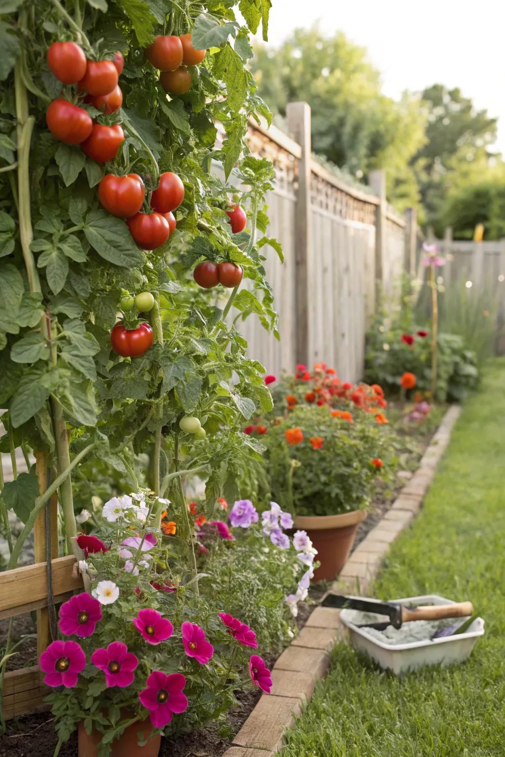Crimson orbs create a vibrant and supportive pairing with petunias.