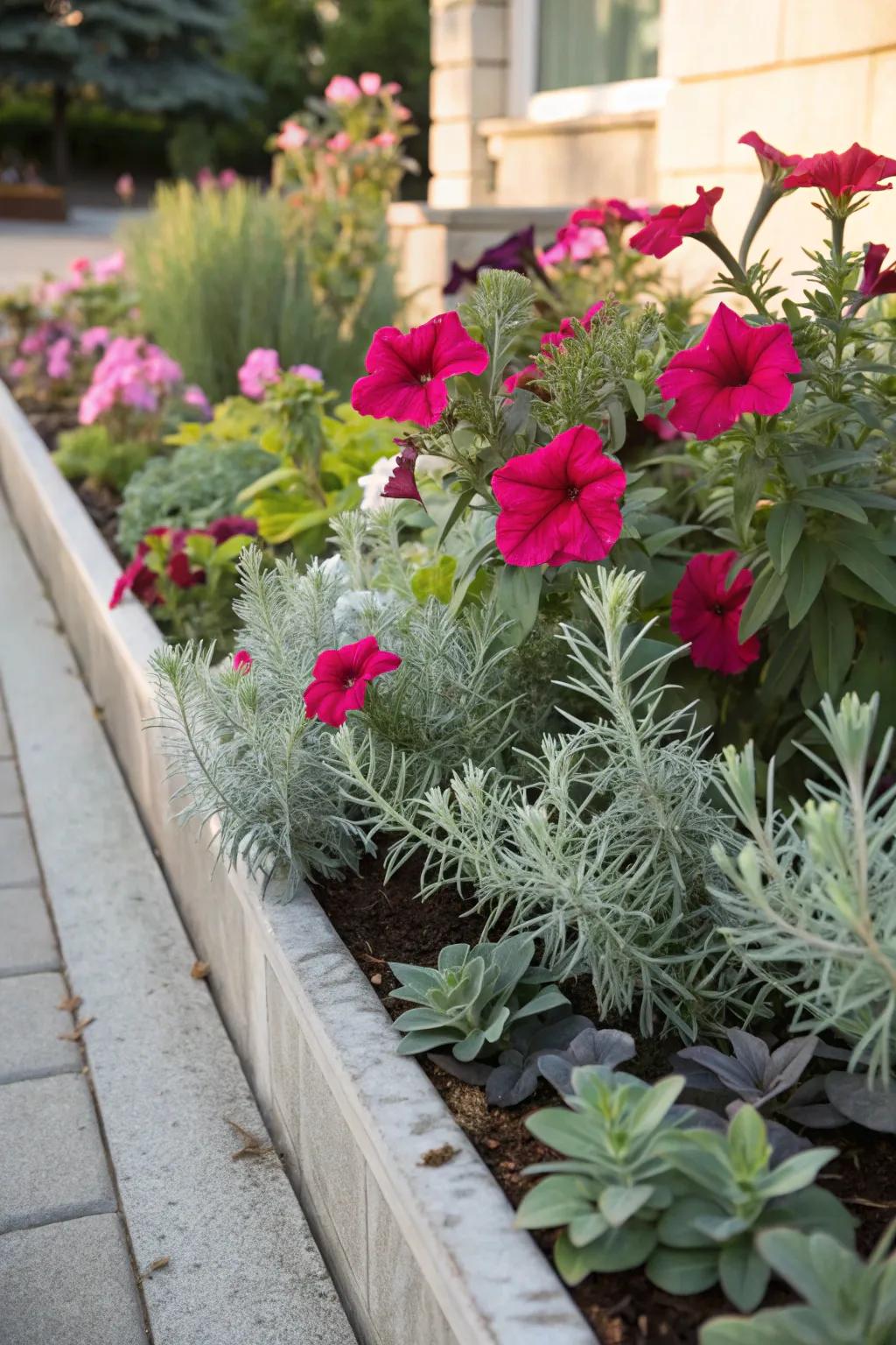 White lace flowers add delicate charm to vibrant petunias.