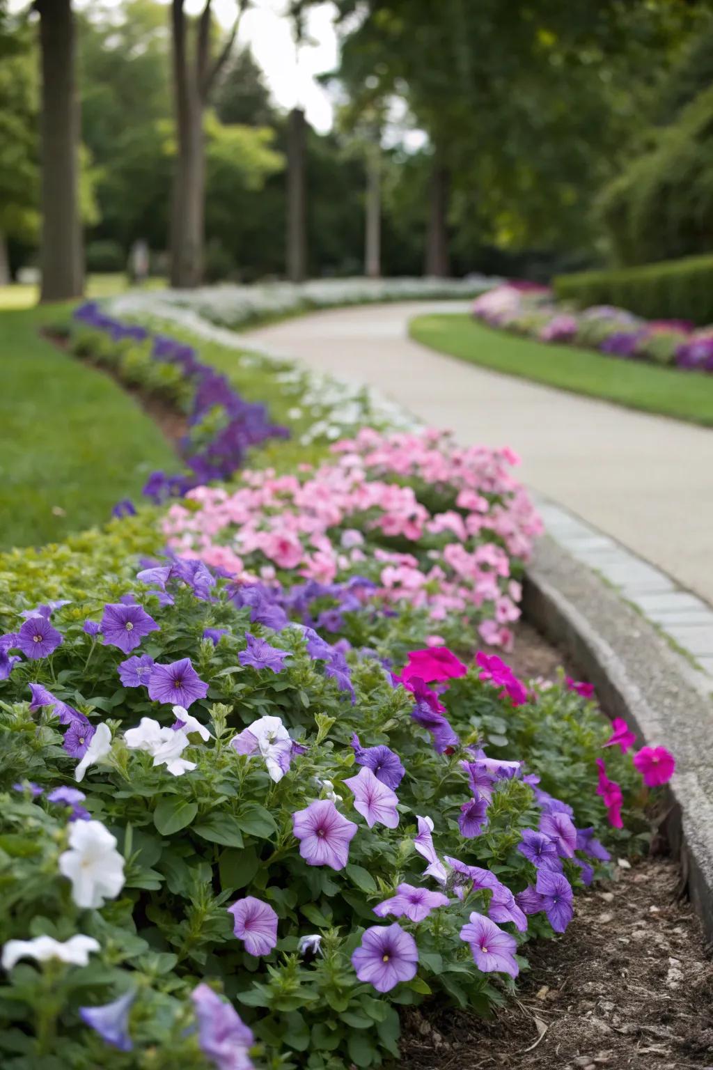 Emerald cascade offers rich groundcover beneath petunias.