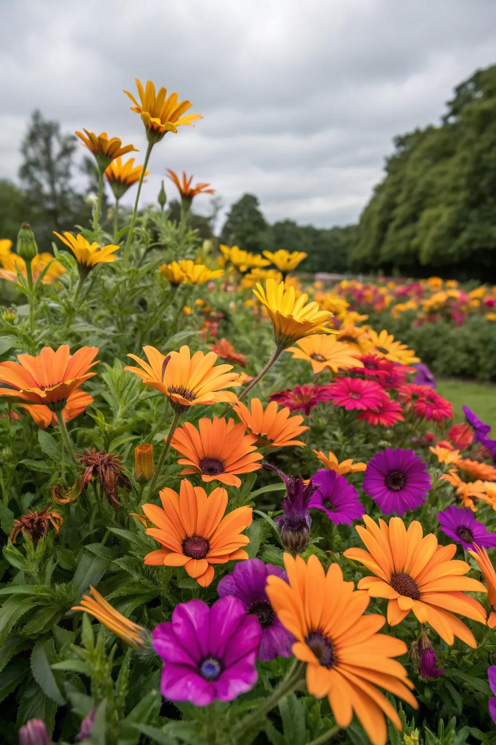 Sunset daisies and petunias create a vibrant garden display.