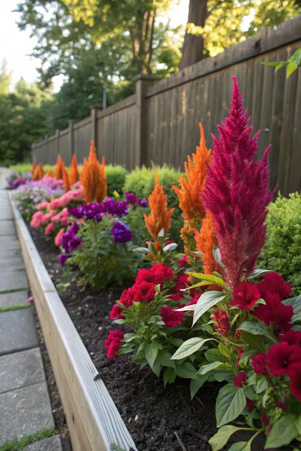 Firecracker flower's vibrant spikes contrast beautifully with petunias.