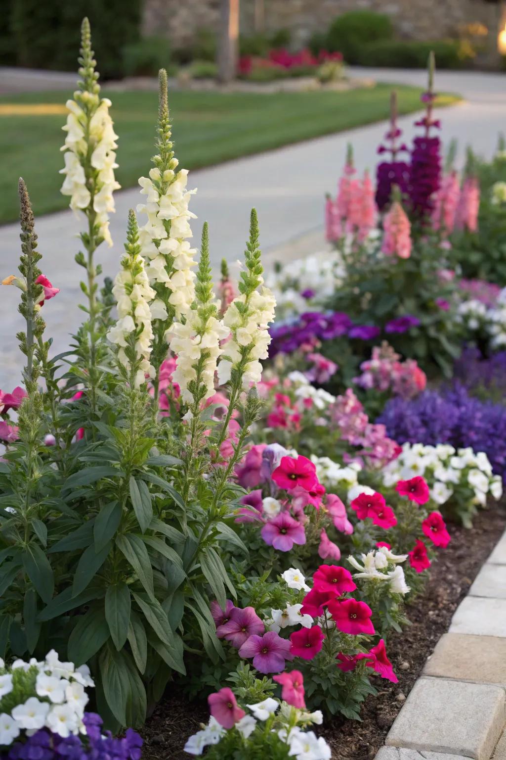 Vivid spires add a splash of vertical color to petunia gardens.