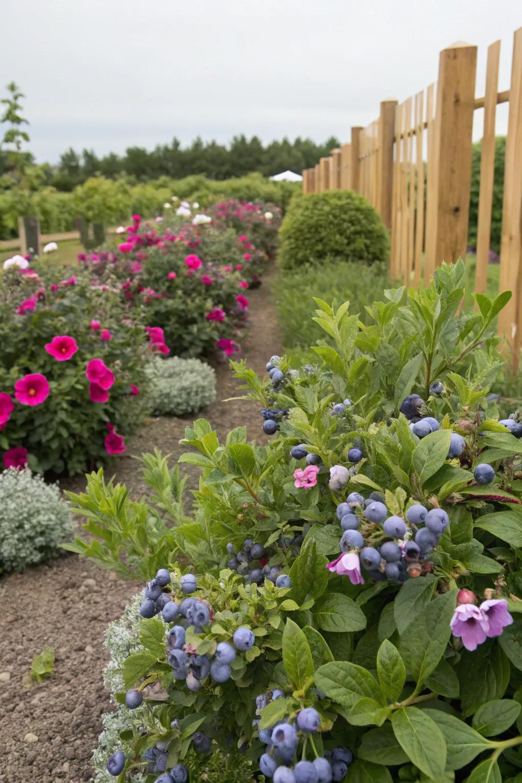 Azure berries add a fresh, fruity element alongside petunias.