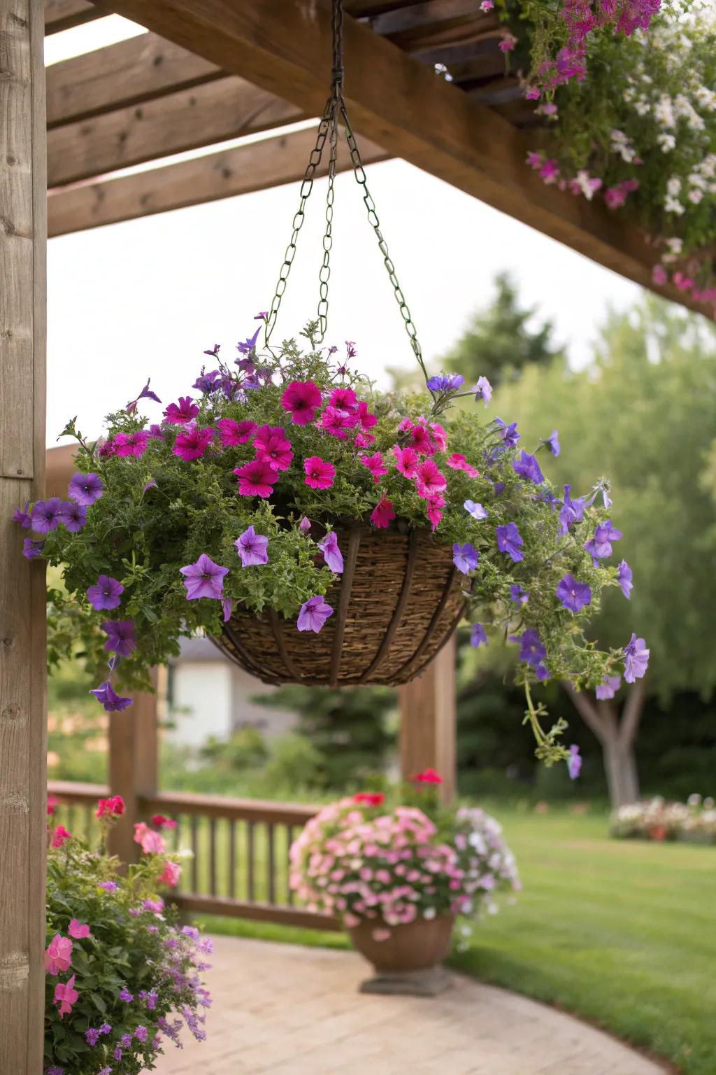 Trailing lilac cascades beautifully alongside petunias.