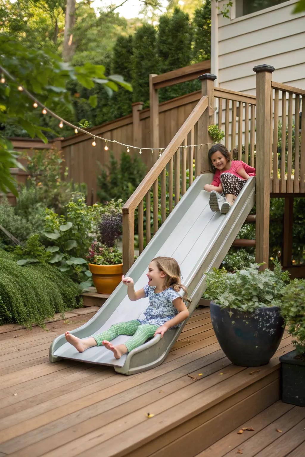Children gleefully sliding down a compact slide attached to a deck.