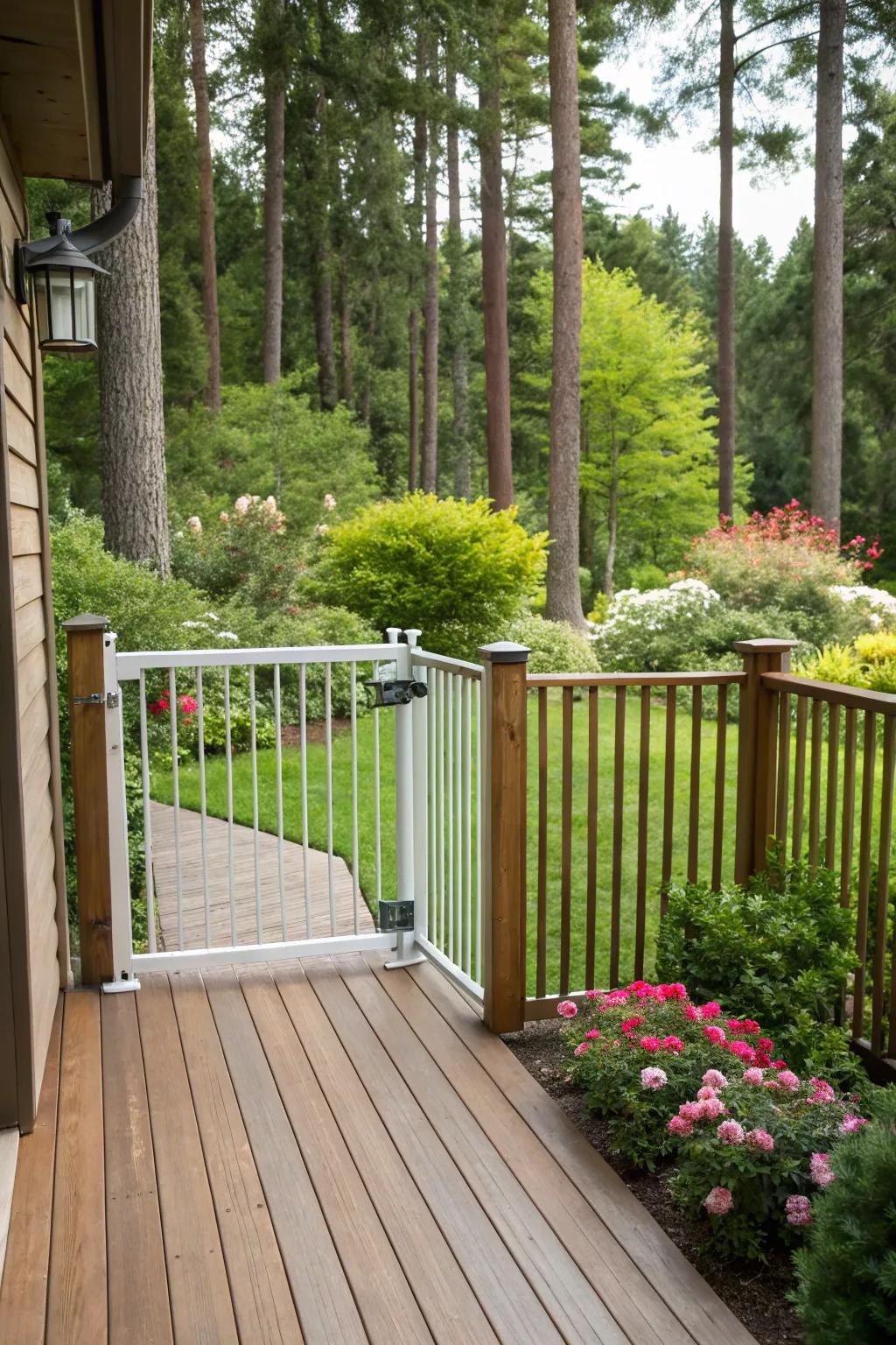 A childproof wooden gate on a deck surrounded by lush greenery.