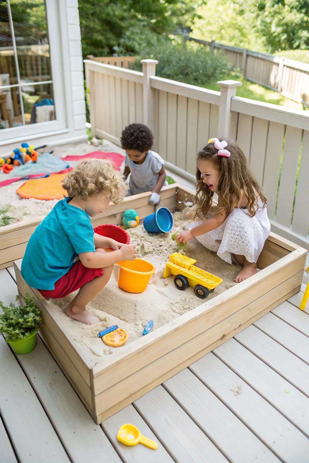 Children building sandcastles in a sandbox placed on a deck.