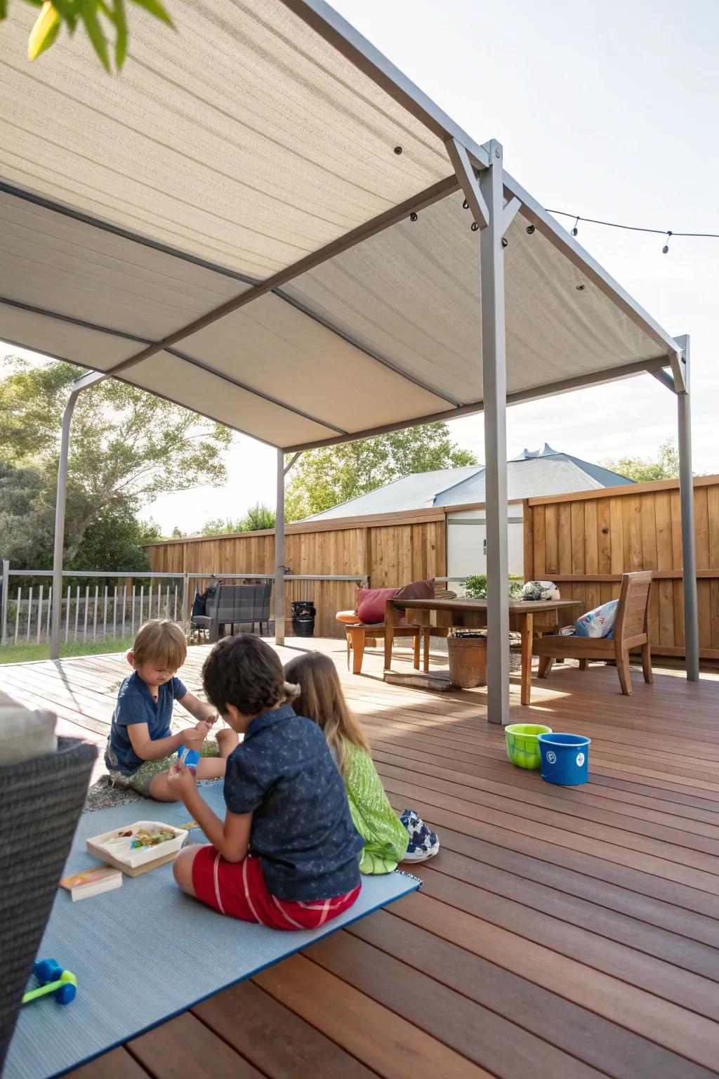 Children playing under a large canopy on a sunny deck.