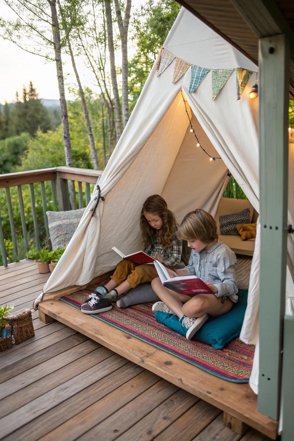 Children reading inside a snug tent set up on a deck.
