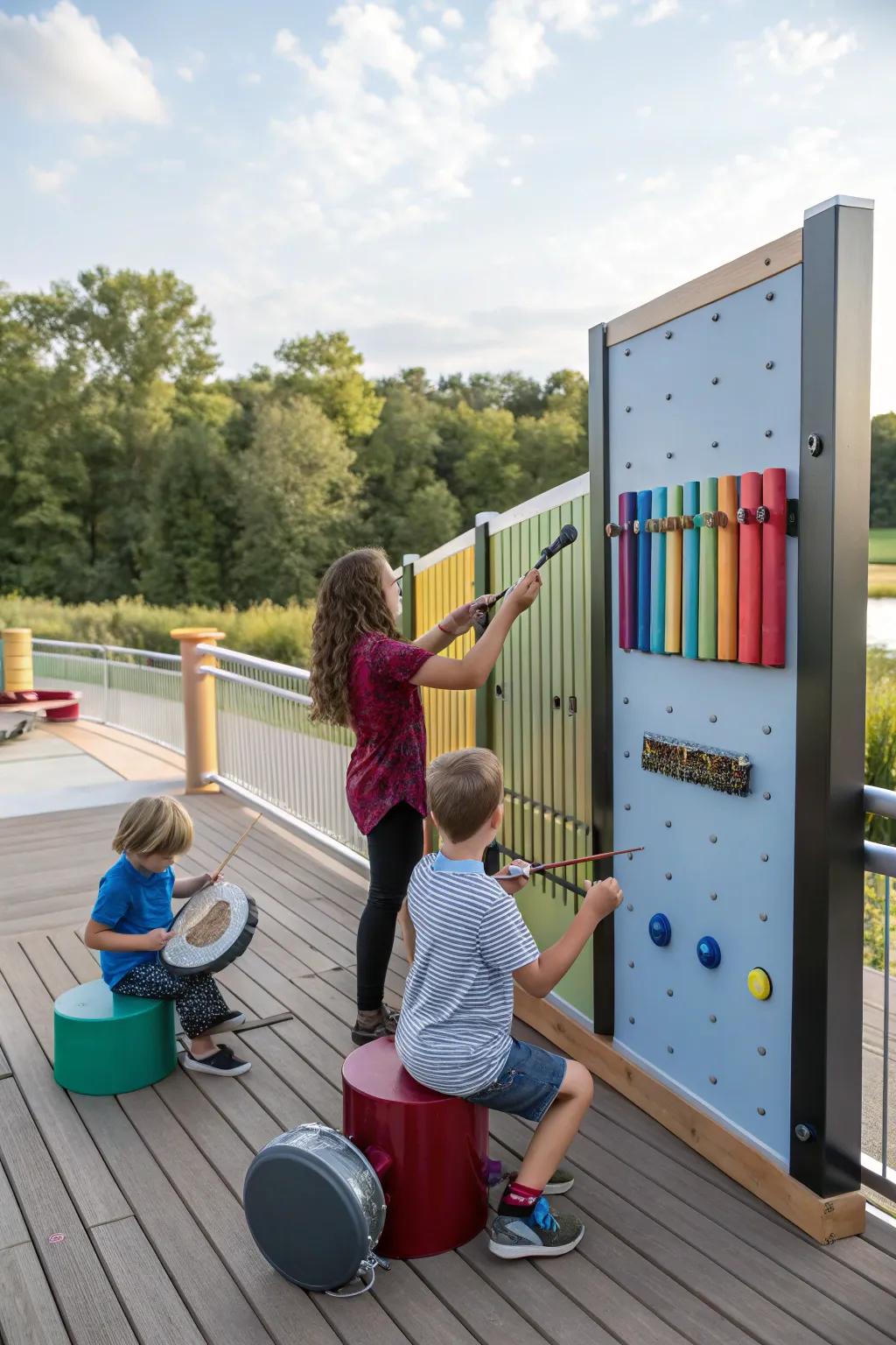 Kids interacting with a musical wall featuring various percussion instruments on a deck.