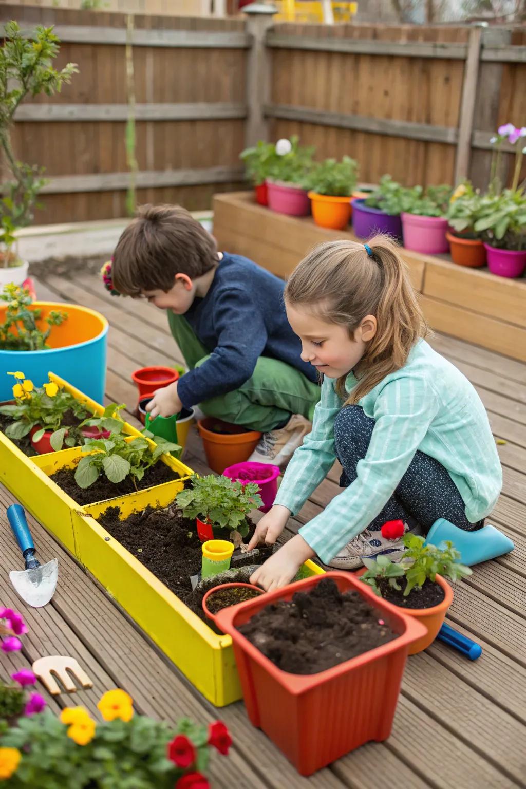 Children planting flowers and vegetables in a small garden on a deck.