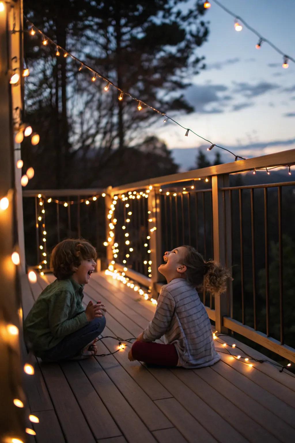 A deck glowing with solar-powered string lights as children play at dusk.