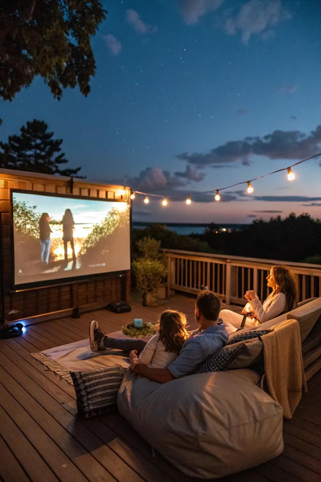 Family watching a movie on a deck with an outdoor projector and screen under the stars.