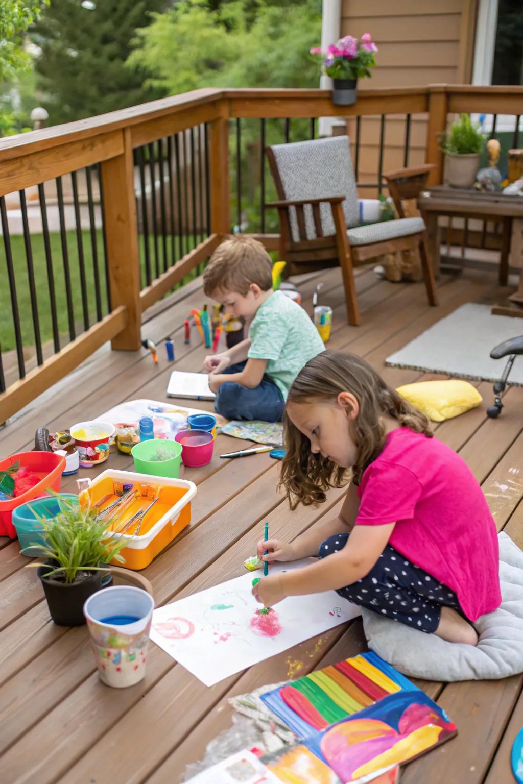 Children engaged in painting and crafting at an outdoor art station on a deck.