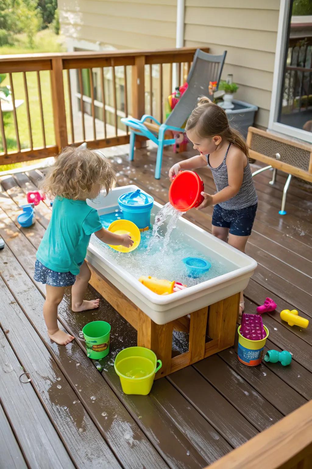 Kids splashing and playing at a water table on a deck surrounded by water toys.